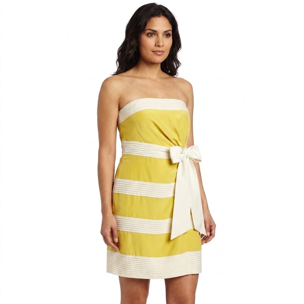 hitherto Acetate 100% Silk Yellow Short Striped Dress Women Size 14